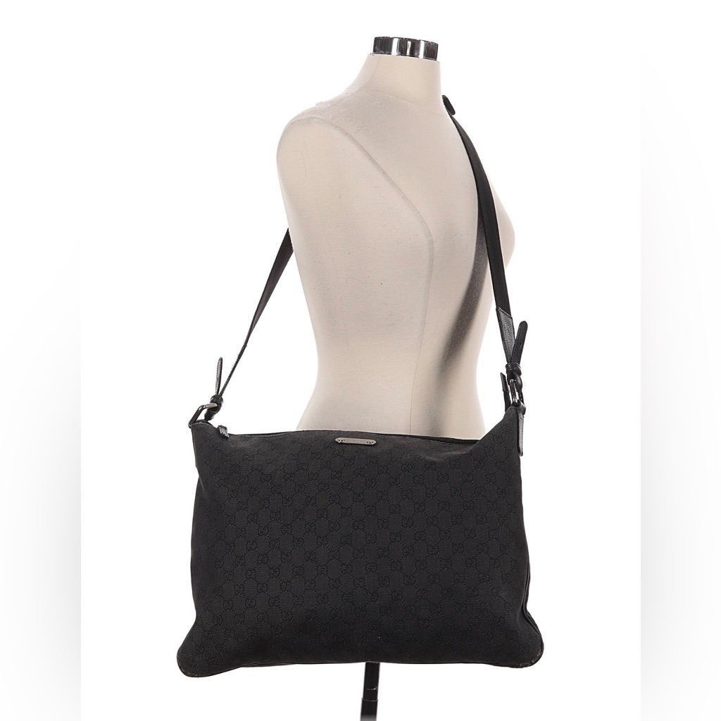 Gucci Black Denim & Leather Monogram Crossbody Adjustable Strap Guc Silver